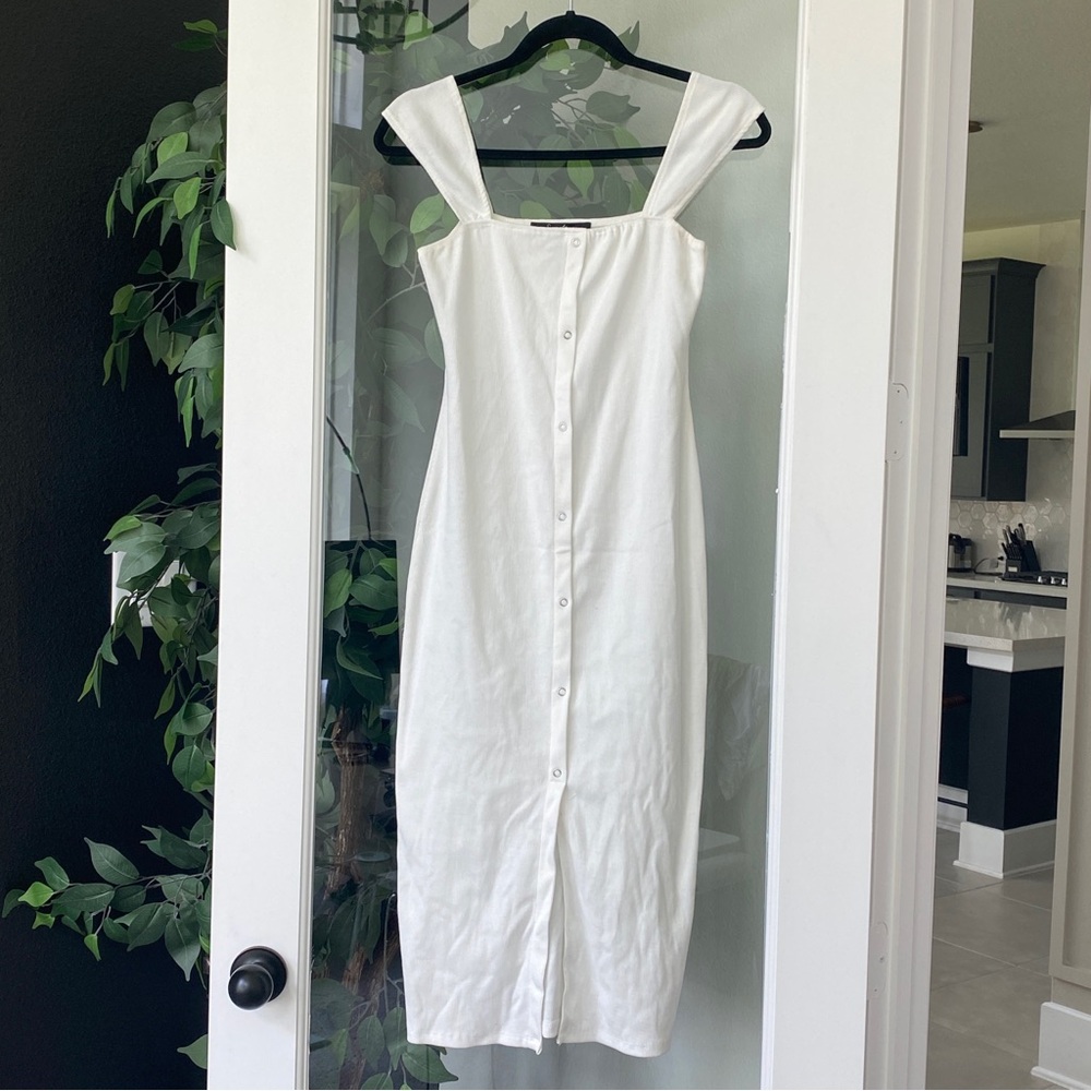 White Sweet Rain dress with buttons down the front and a square neckline